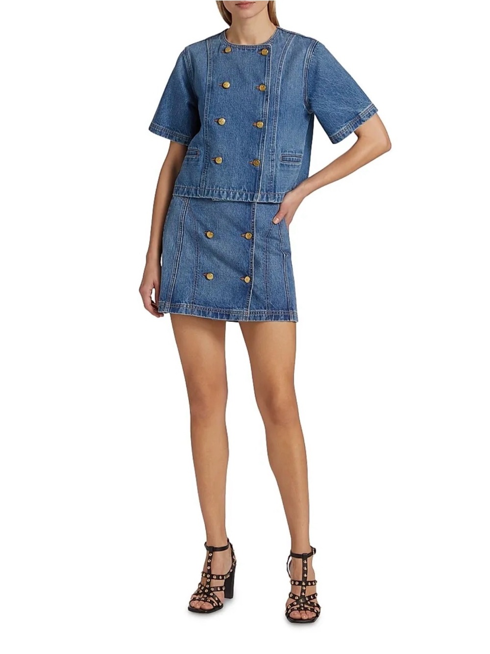 Ulla Johnson Light Wash Denim Two-Piece Set - Button Front Top & Skirt